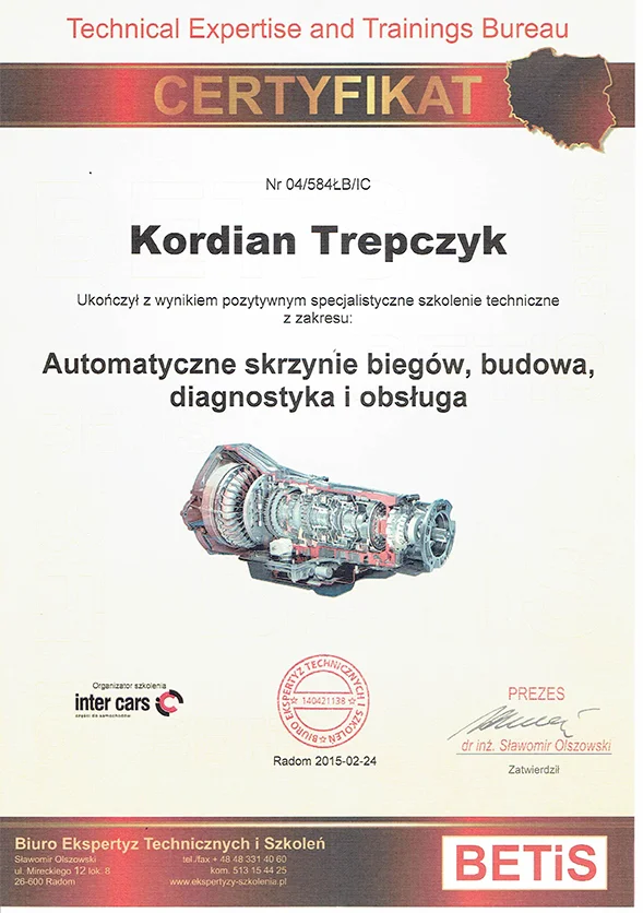 Certyfikat: Automatyczne skrzynie biegów, budowa, diagnostyka i obsługa · BETiS / Inter Cars, Radom 2015