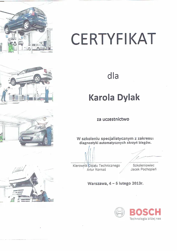Certyfikat: Diagnostyka automatycznych skrzyń biegów · Bosch, Warszawa 2013
