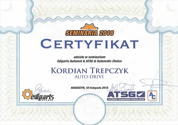 Certyfikat: Seminarium Ediparts Automat & ATSG & Automatic Choice · Nadarzyn 2018