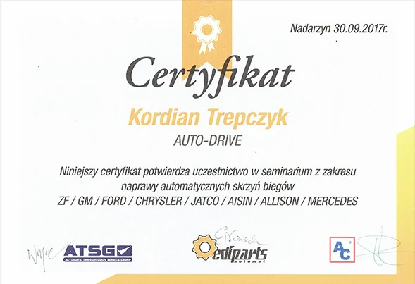 Certyfikat: Naprawa automatycznych skrzyń biegów ZF / GM / FORD / CHRYSLER / JATCO / AISIN / ALLISON / MERCEDES · Nadarzyn 2017