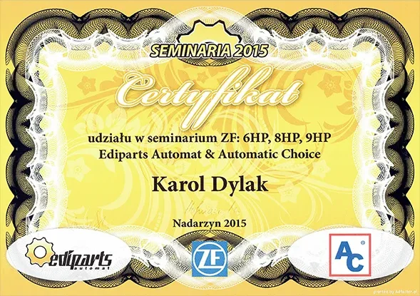 Certyfikat: Seminarium ZF: 6HP, 8HP, 9HP · Ediparts Automat & Automatic Choice, Nadarzyn 2015