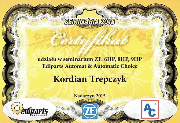 Certyfikat: Seminarium ZF: 6HP, 8HP, 9HP · Ediparts Automat & Automatic Choice, Nadarzyn 2015