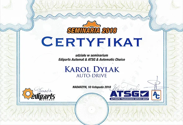 Certyfikat: Seminarium Ediparts Automat & ATSG & Automatic Choice · Nadarzyn 2018