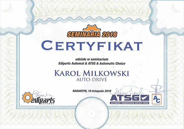 Certyfikat: Seminarium Ediparts Automat & ATSG & Automatic Choice · Nadarzyn 2018